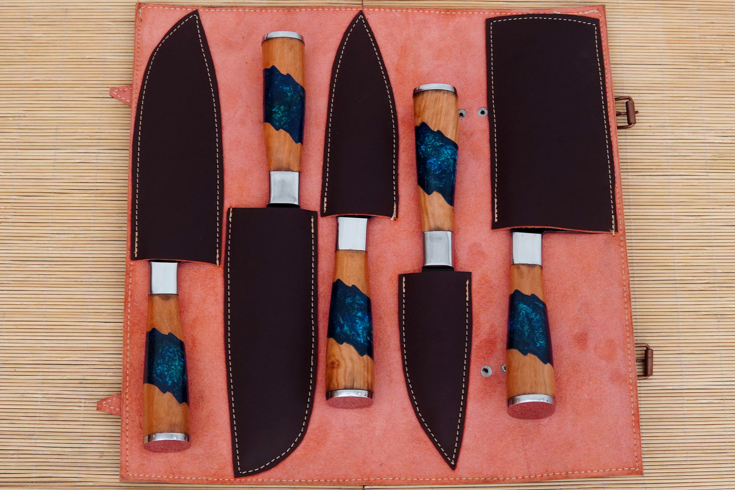 Custom Handmade Carbon Steel Chef Knife Set 5 pcs Resin Handles Kitchen Knives
