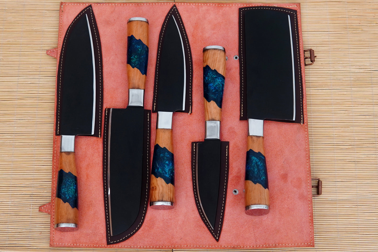 Custom Handmade Carbon Steel Chef Knife Set 5 pcs Resin Handles Kitchen Knives