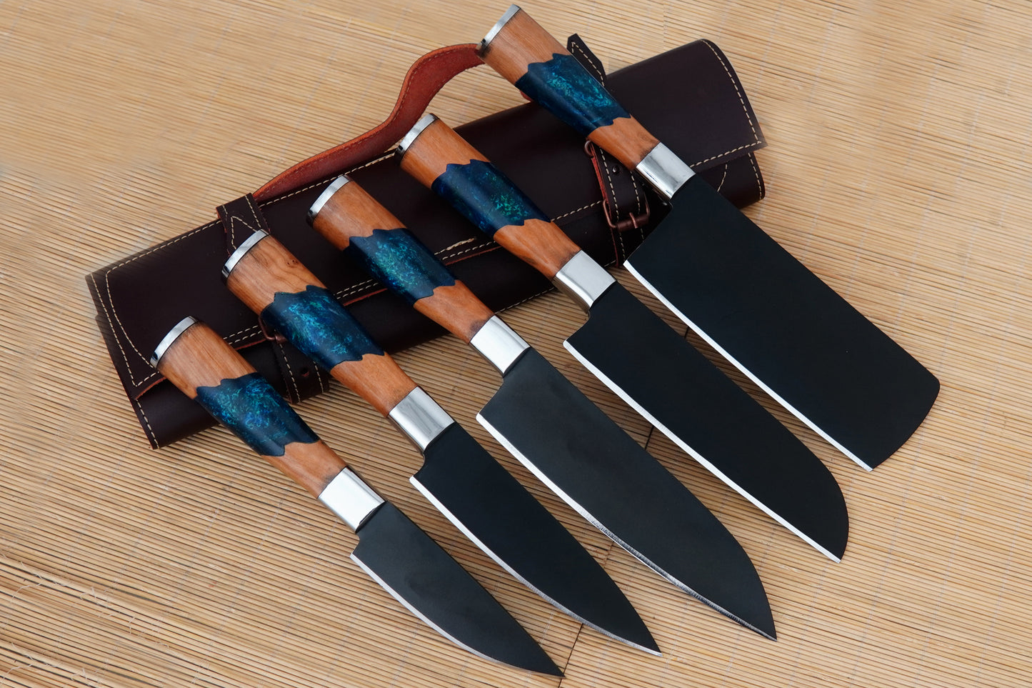 Custom Handmade Carbon Steel Chef Knife Set 5 pcs Resin Handles Kitchen Knives
