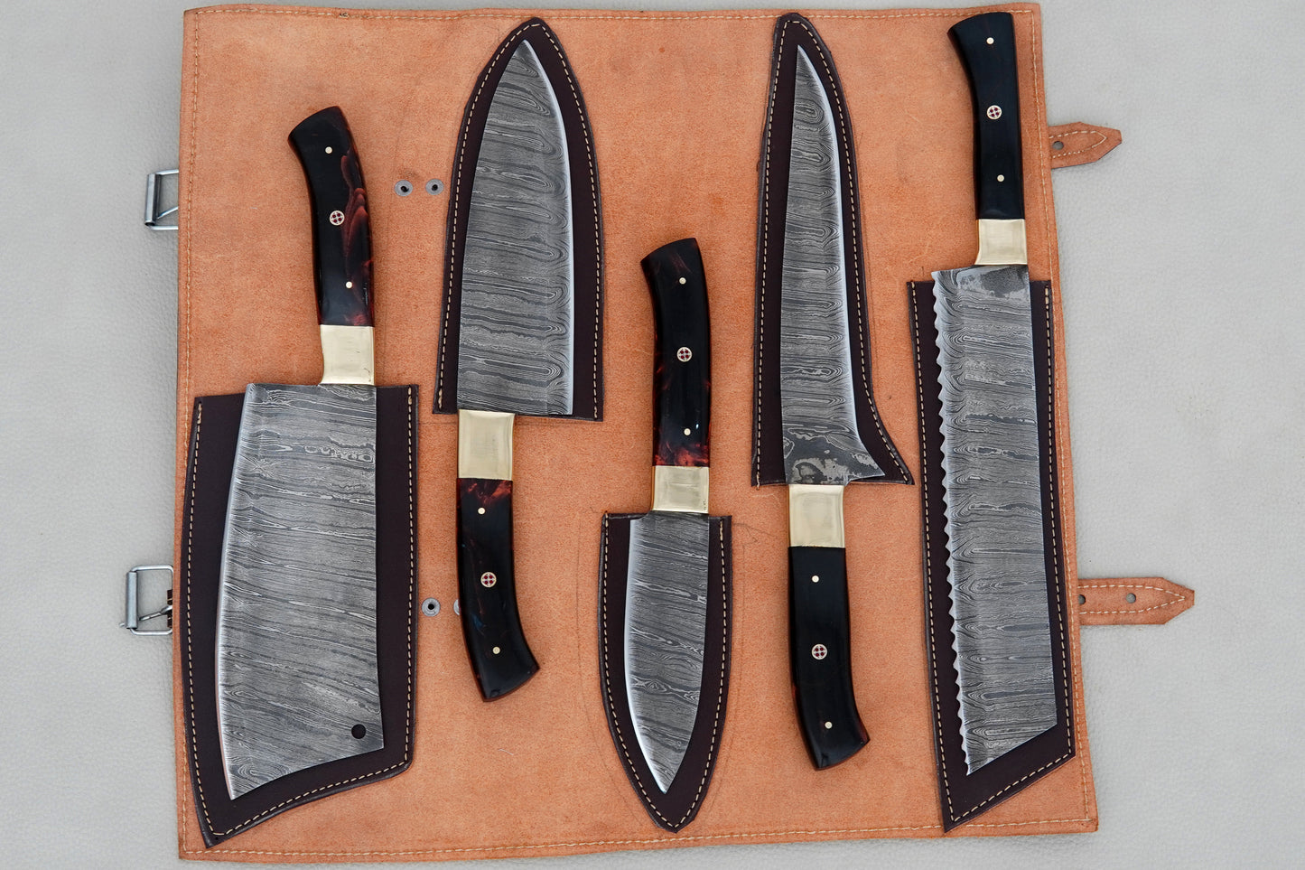 Custom Handmade Damascus Steel Chef Set Resin Handle Full Tang Kitchen Knife Set