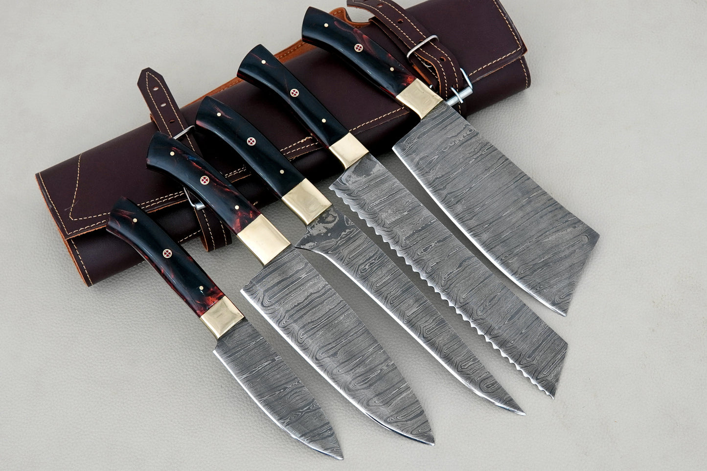 Custom Handmade Damascus Steel Chef Set Resin Handle Full Tang Kitchen Knife Set