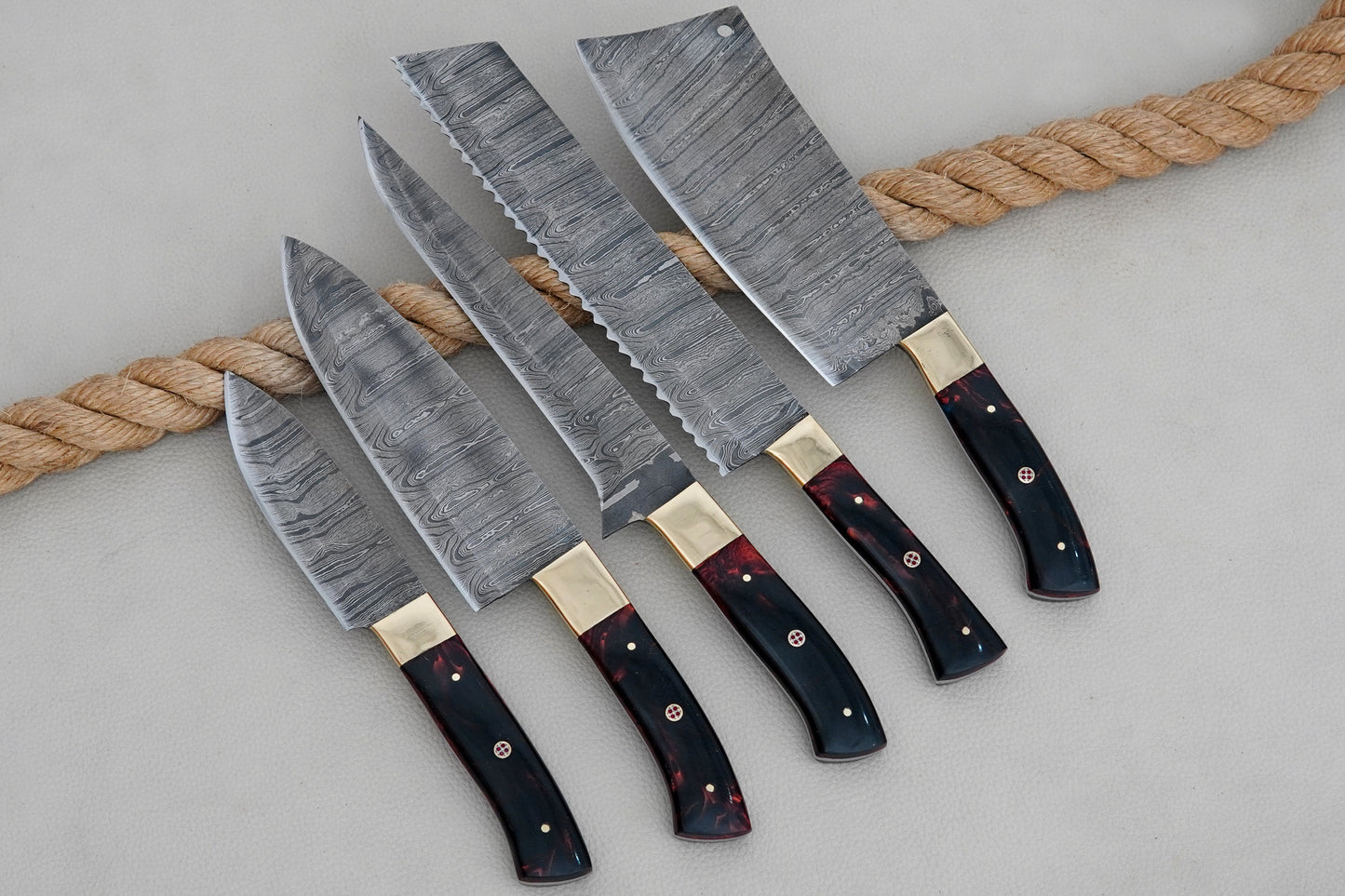 Custom Handmade Damascus Steel Chef Set Resin Handle Full Tang Kitchen Knife Set