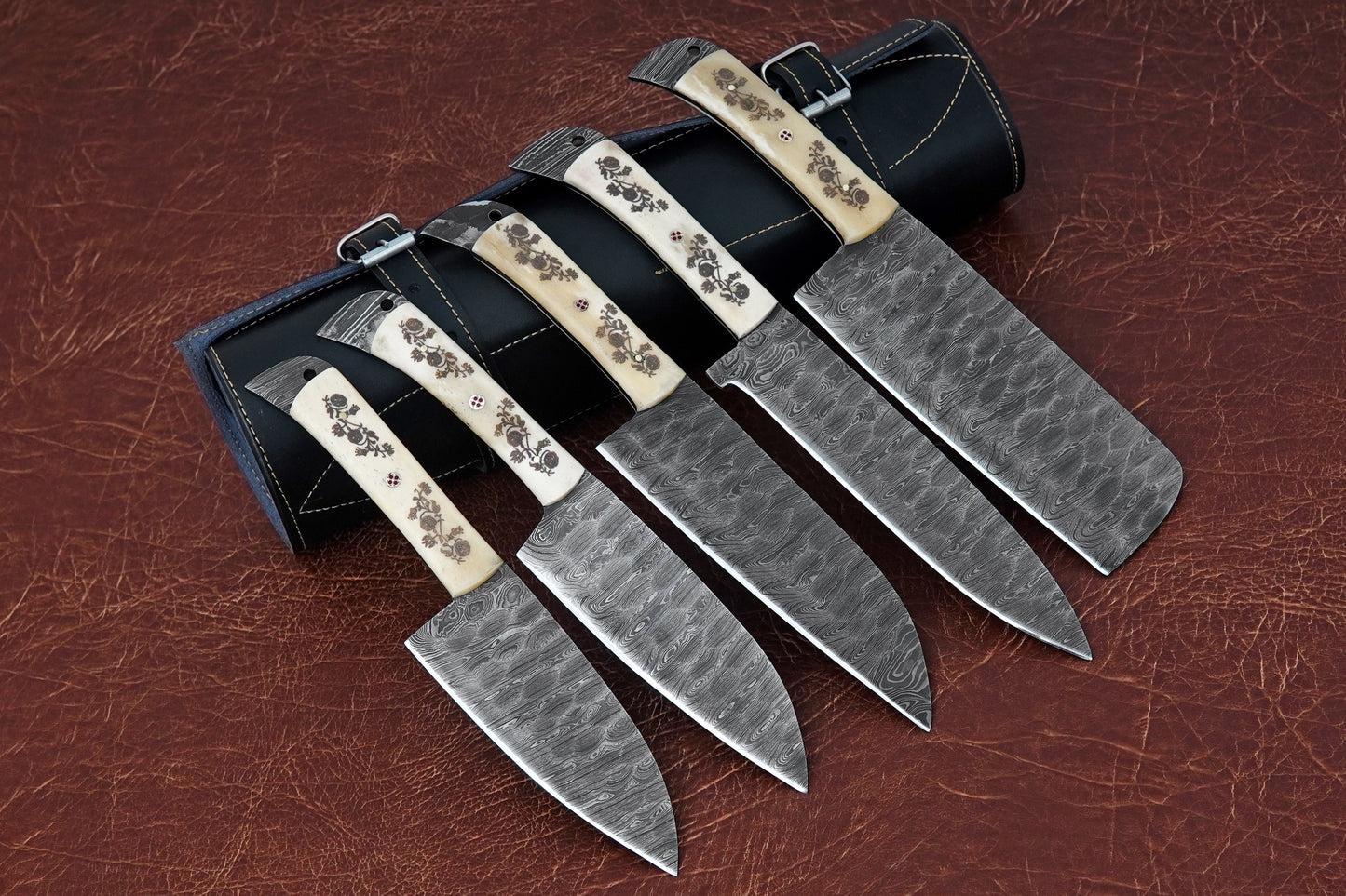 Custom Handmade Kitchen Knife Set Damascus Steel Full Tang Natural Material Handle Set
