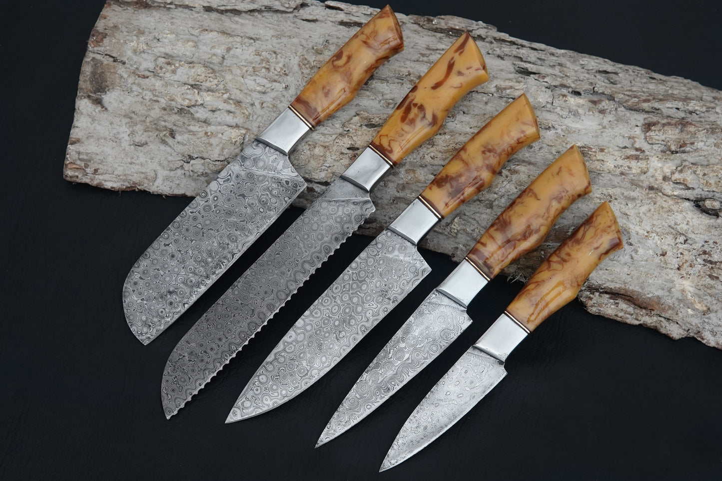 Custom Handmade Kitchen Knife Set Damascus Steel Resin Handle Chef Set 5 pcs