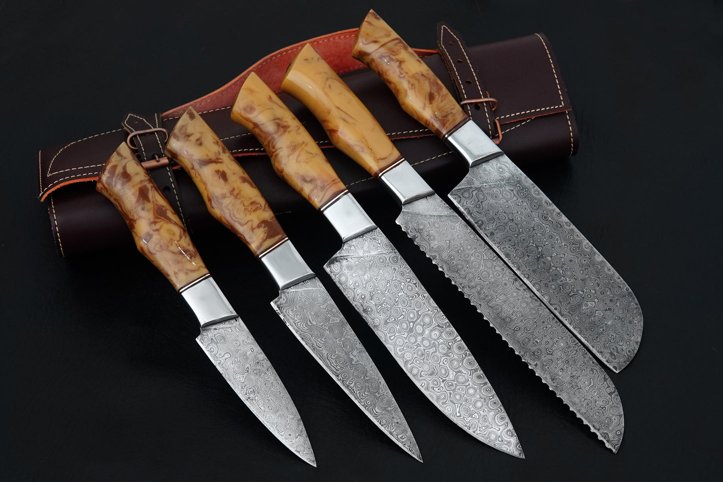 Custom Handmade Kitchen Knife Set Damascus Steel Resin Handle Chef Set 5 pcs