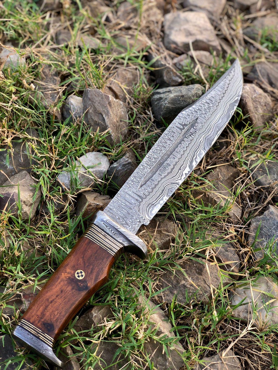 Outdoor photo of 15-inch Damascus bowie knife with patterned blade resting on rocks and grass.