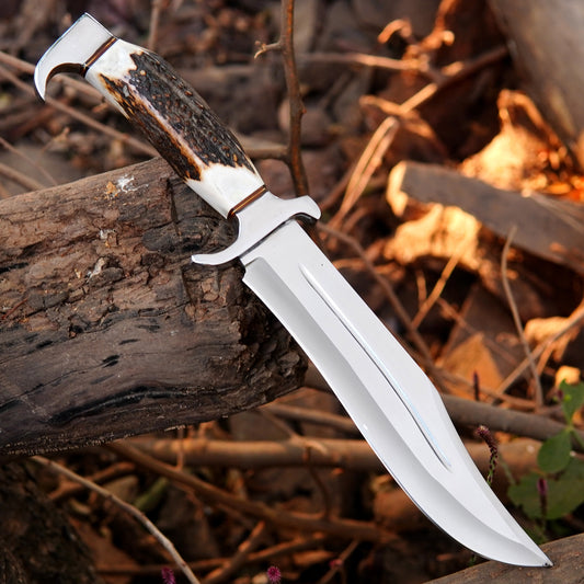 Full tang hunting knife with premium natural material handle and polished guard for outdoor durability.