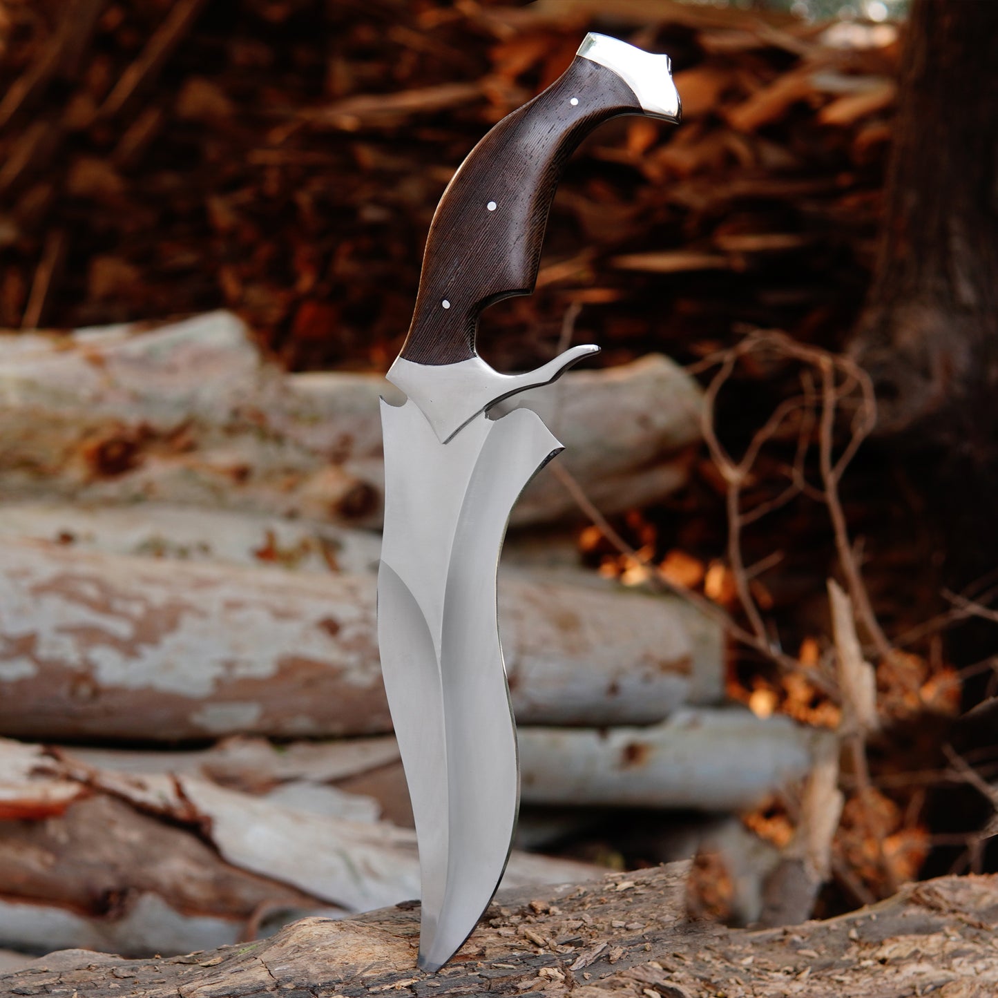 Curved hunting knife with leather sheath displayed in natural surroundings focusing on blade edge, handle detail, and overall craftsmanship. The composition creates a strong outdoor impression while presenting the knife as a gift-ready item for collectors and outdoor users.