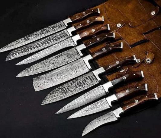 9 piece professional Damascus chef knife set displayed with leather roll kit