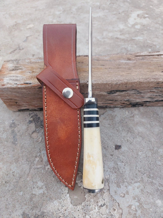 Handmade Hunting Knife – Natural camel Bone Handle with Black Spacers, Polished Carbon Steel Blade & Leather Sheath