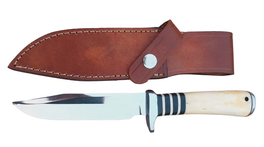 Handmade hunting knife with high polished carbon steel blade and natural bone handle, accented by black spacers for a stylish finish. Comes with a stitched leather sheath for safe carry, making it ideal for hunting, outdoor use, camping, and collecting.