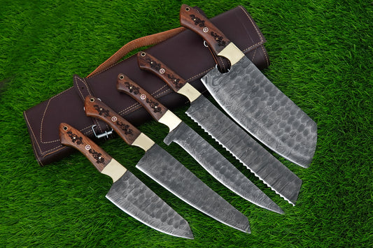 Chef Knife Set Custom Handmade Damascus Steel Full Tang Forged Steel Knife Set