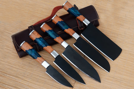 Custom Handmade Carbon Steel Chef Knife Set 5 pcs Resin Handles Kitchen Knives