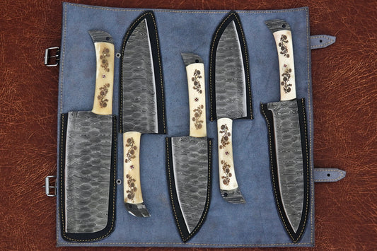 Custom Handmade Kitchen Knife Set Damascus Steel Full Tang Natural Material Handle Set