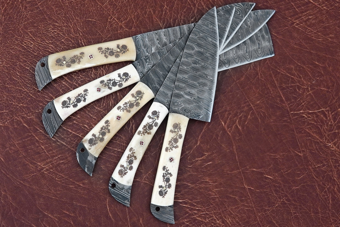 Custom Handmade Kitchen Knife Set Damascus Steel Full Tang Natural Material Handle Set