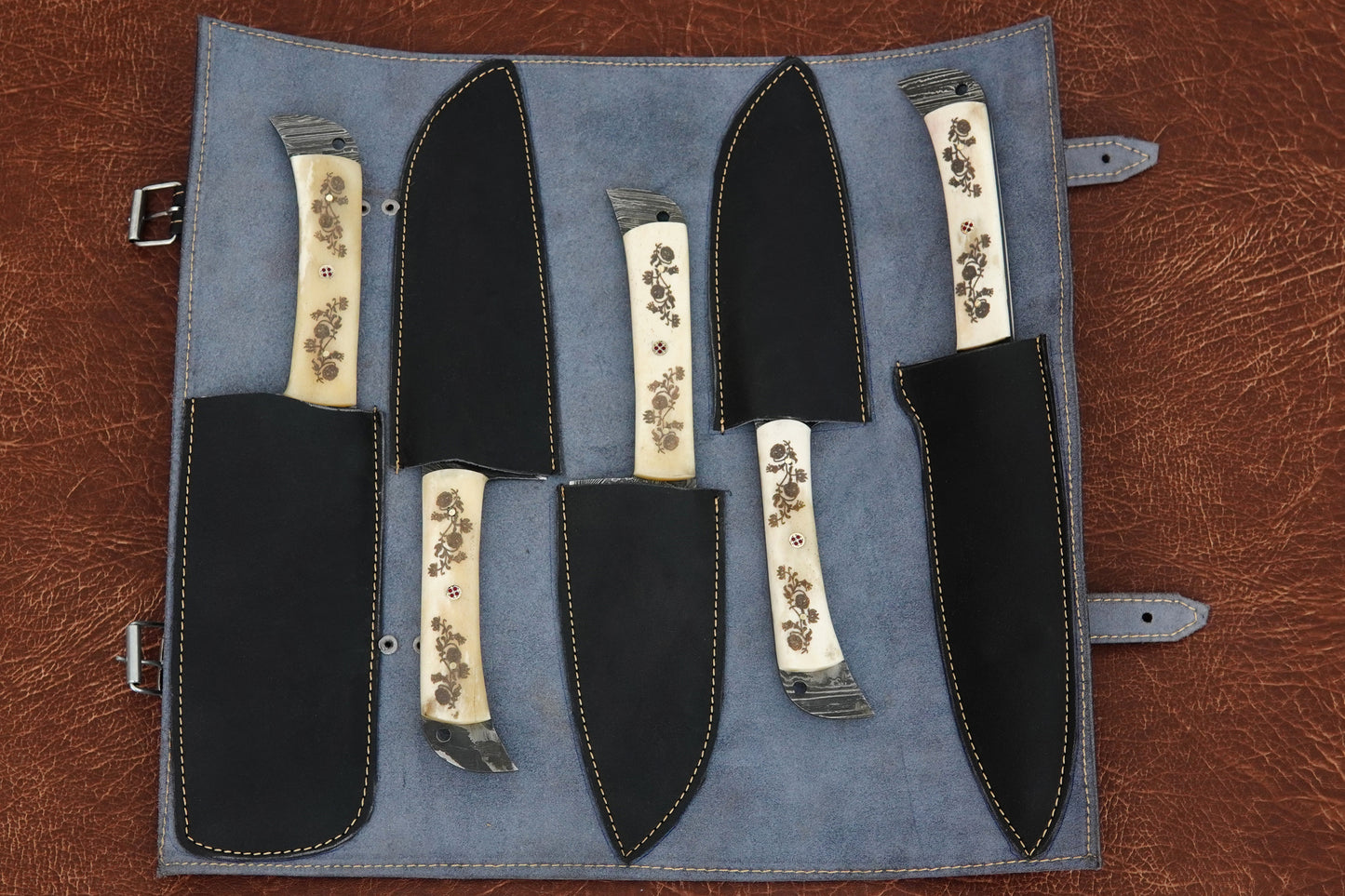 Custom Handmade Kitchen Knife Set Damascus Steel Full Tang Natural Material Handle Set