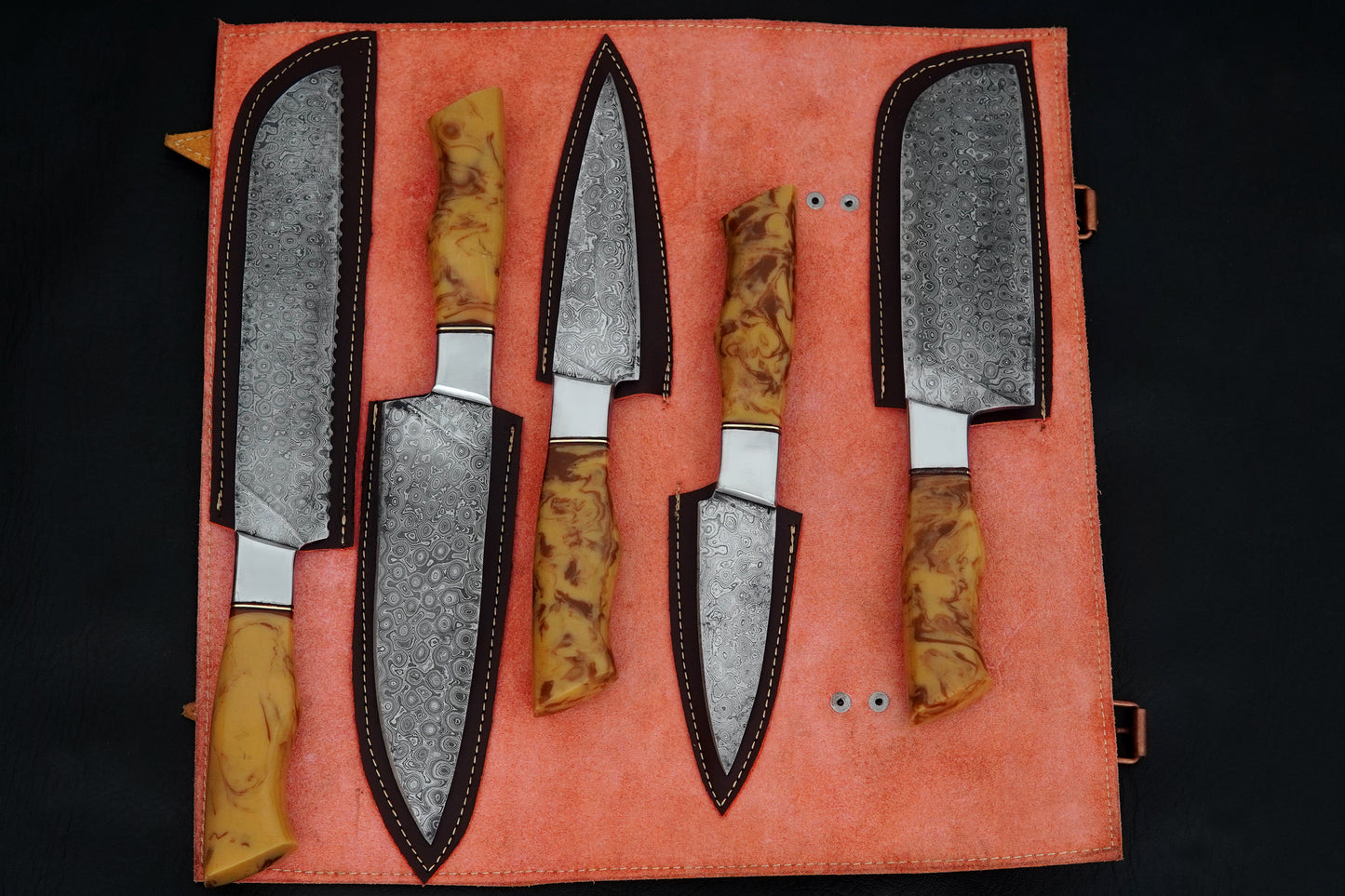 Custom Handmade Kitchen Knife Set Damascus Steel Resin Handle Chef Set 5 pcs