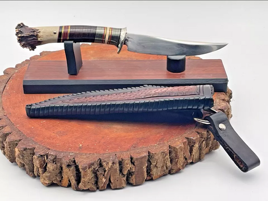 Custom Scagel Knife 6 Inch Steel Blade with Crown Stag Pommel and Leather Sheath