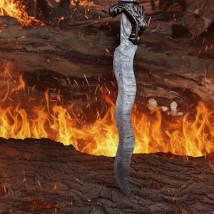 Handmade Damascus curved Bowie knife with wavy blade and antique dragon handle for collectors and outdoor enthusiasts.