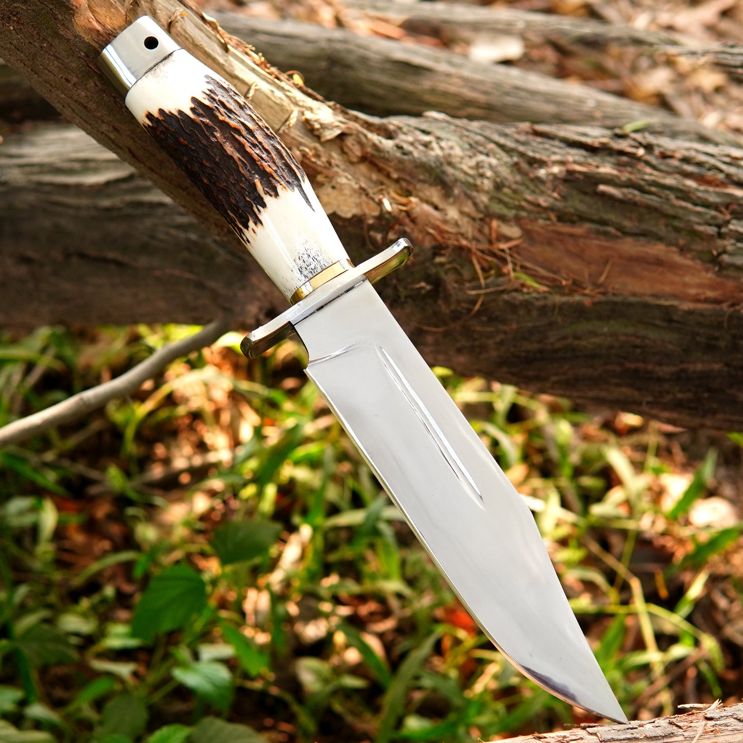 Custom bowie knife featuring a natural material handle and refined steel blade.