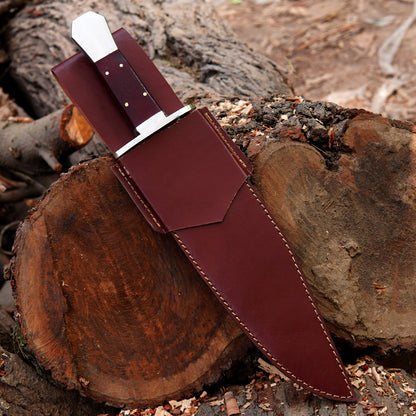 Handmade outdoor knife paired with a high-quality leather sheath for safe storage and carry.