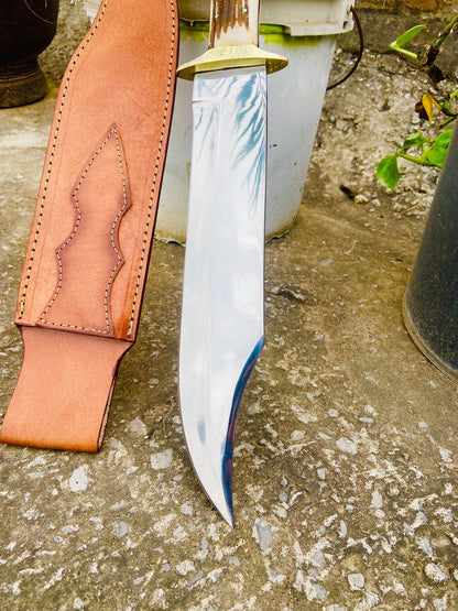 Mirror-polished D2 steel blade with stag handle and brass guard shown upright beside sheath.