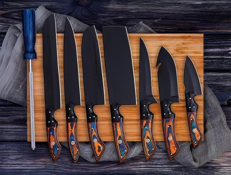 Black Premium Forged Chef Knife Set – Kitchen & Outdoor Cooking Set with Leather Roll | Gift for Him Valentine Gift