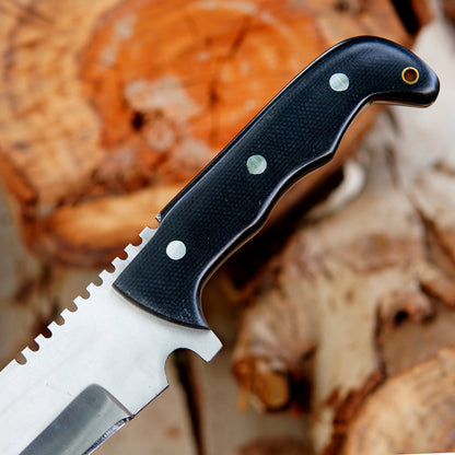 Handle closeup showing natural texture and smooth finishing of handmade bowie knife providing secure grip and comfortable handling with visible craftsmanship details and strong build quality.