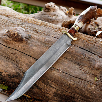 Leather sheath closeup showing stitching detail and secure belt loop design paired with handmade bowie knife. The image highlights safe carrying solution and durability, helping improve search results for outdoor knife sheath and handmade leather accessories.