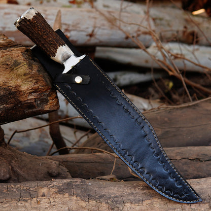 Custom Bowie knife with black pure leather sheath featuring snap closure and detailed stitching for secure carry.