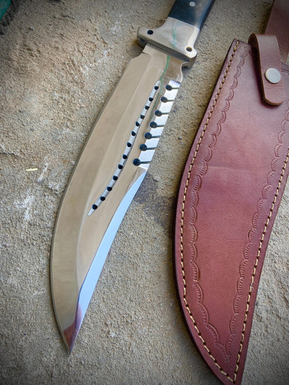 Outdoor survival bowie knife with polished carbon steel blade and dual-tone handle.