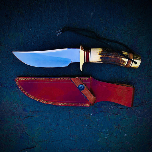 Handmade Carbon Steel Hunting Knife – Stag Antler Handle with Brass Guard & Leather Sheath