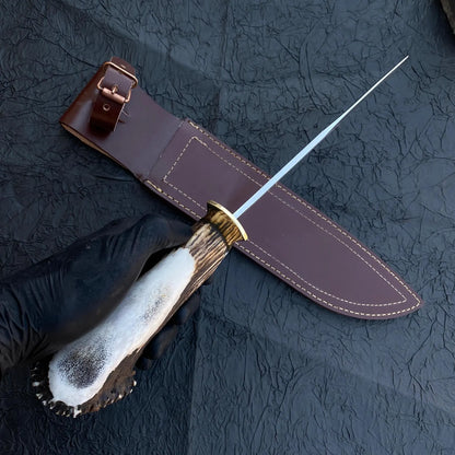 Hunting Bowie knife with brown leather sheath, customizable with free name engraving for a personalized gift.
