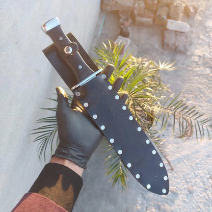 Double edge short sword displayed with leather scabbard.