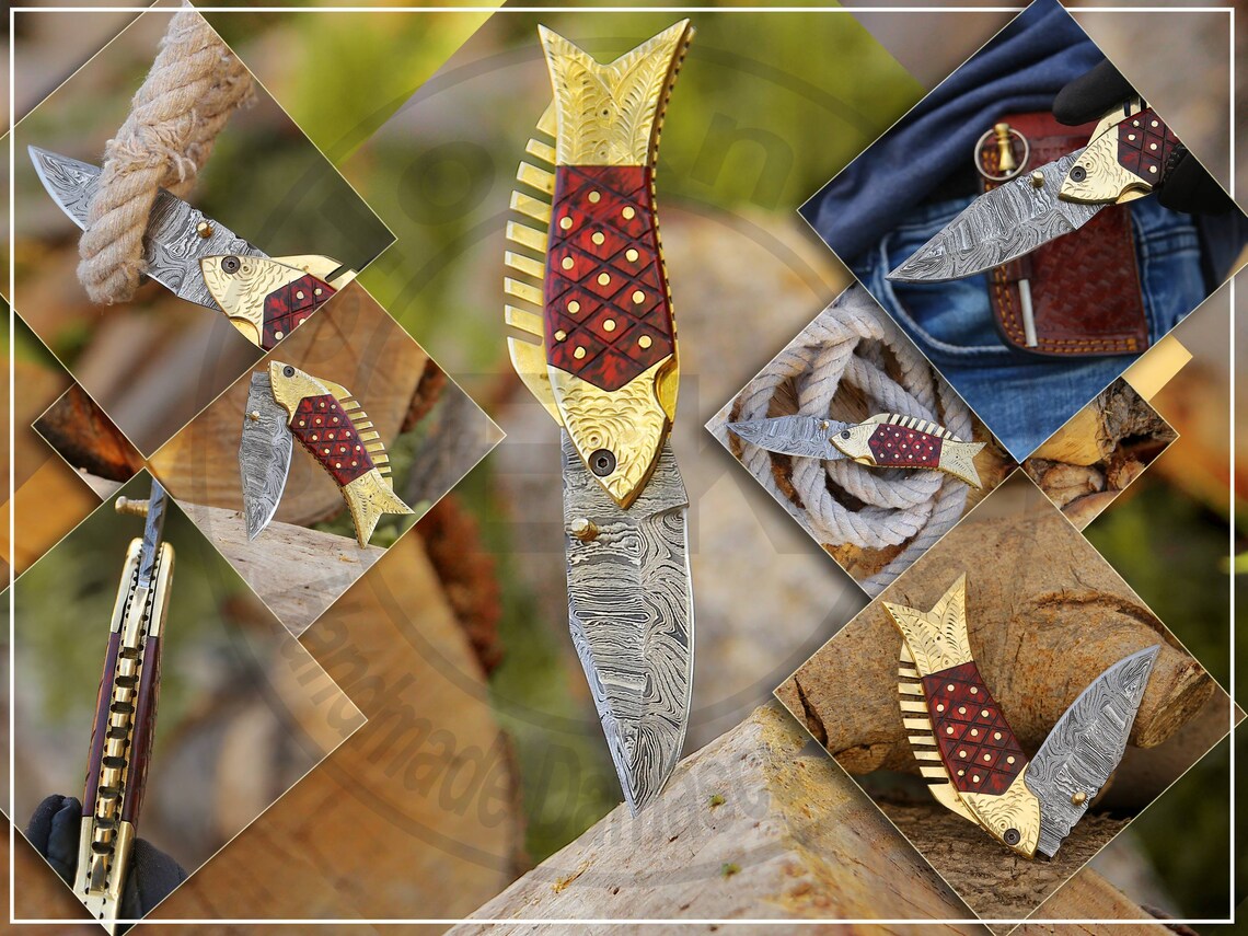 Person holding Damascus fish knife in hand showing ergonomic comfort grip.