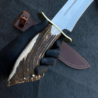 Full view of Bowie knife featuring polished carbon steel blade, brass guard, and natural stag handle with rustic finish.