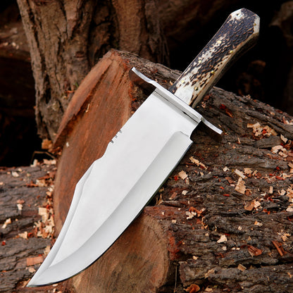 Premium handmade knife with durable leather sheath shown in a rustic setting.