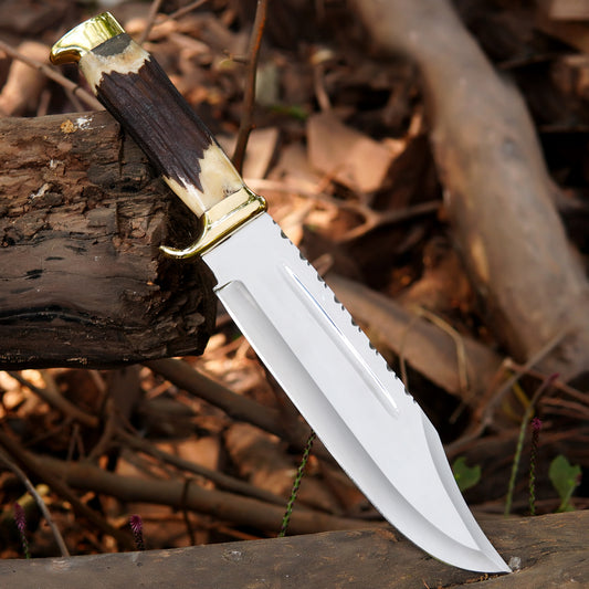 Custom crafted bowie knife featuring a clean polished blade and textured natural material handle.