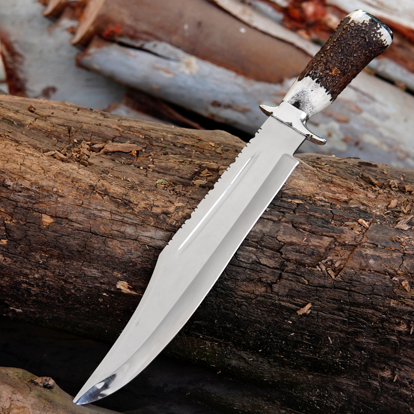 Full tang hunting knife with premium natural material handle and polished guard, designed for outdoor durability.