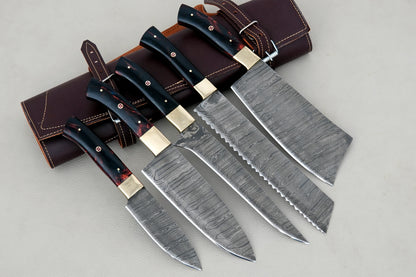 A custom handmade kitchen knife set made from Damascus steel with resin handles and full tang construction. Each knife is sharp, unique, and functional, making it a great collectible piece or gift for cooking lovers.