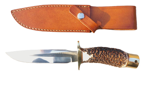 Custom handmade outdoor knife crafted with a popcorn stag handle and polished blade. Comes with a durable stitched leather sheath for safe carrying. Perfect for hunting, camping, and outdoor use, offering both traditional style and modern functionality.