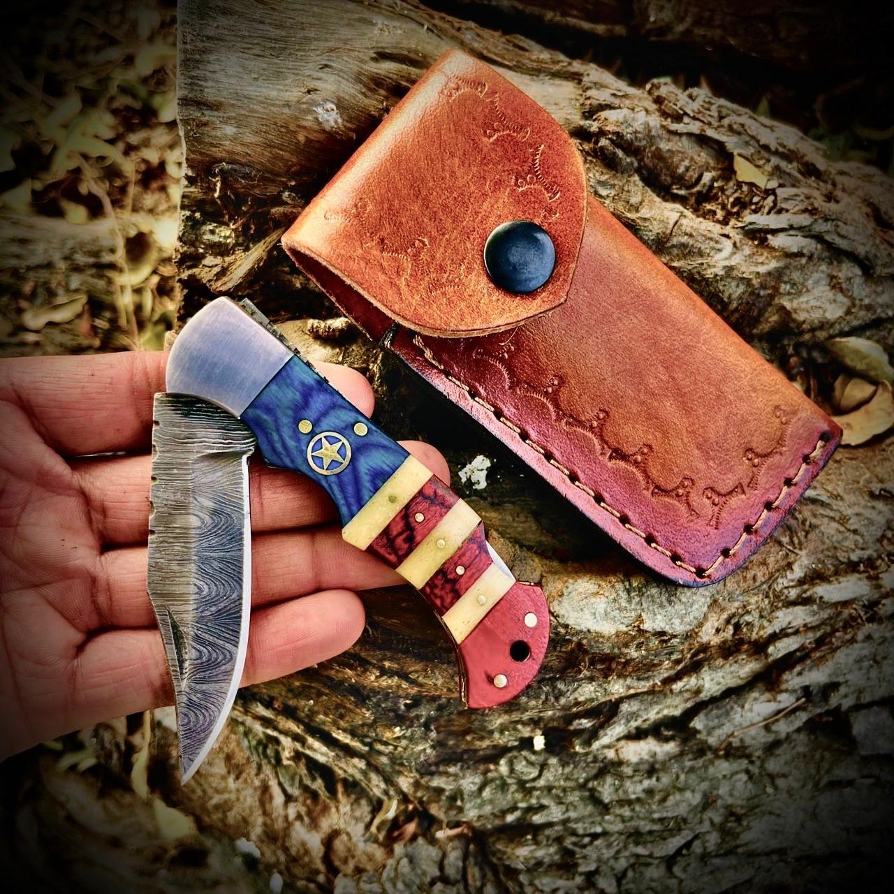 Personalized Damascus Folding Pocket Knife Ram Horn Handle Handmade EDC Knife with Pouch Engraved Anniversary Gift for Him
