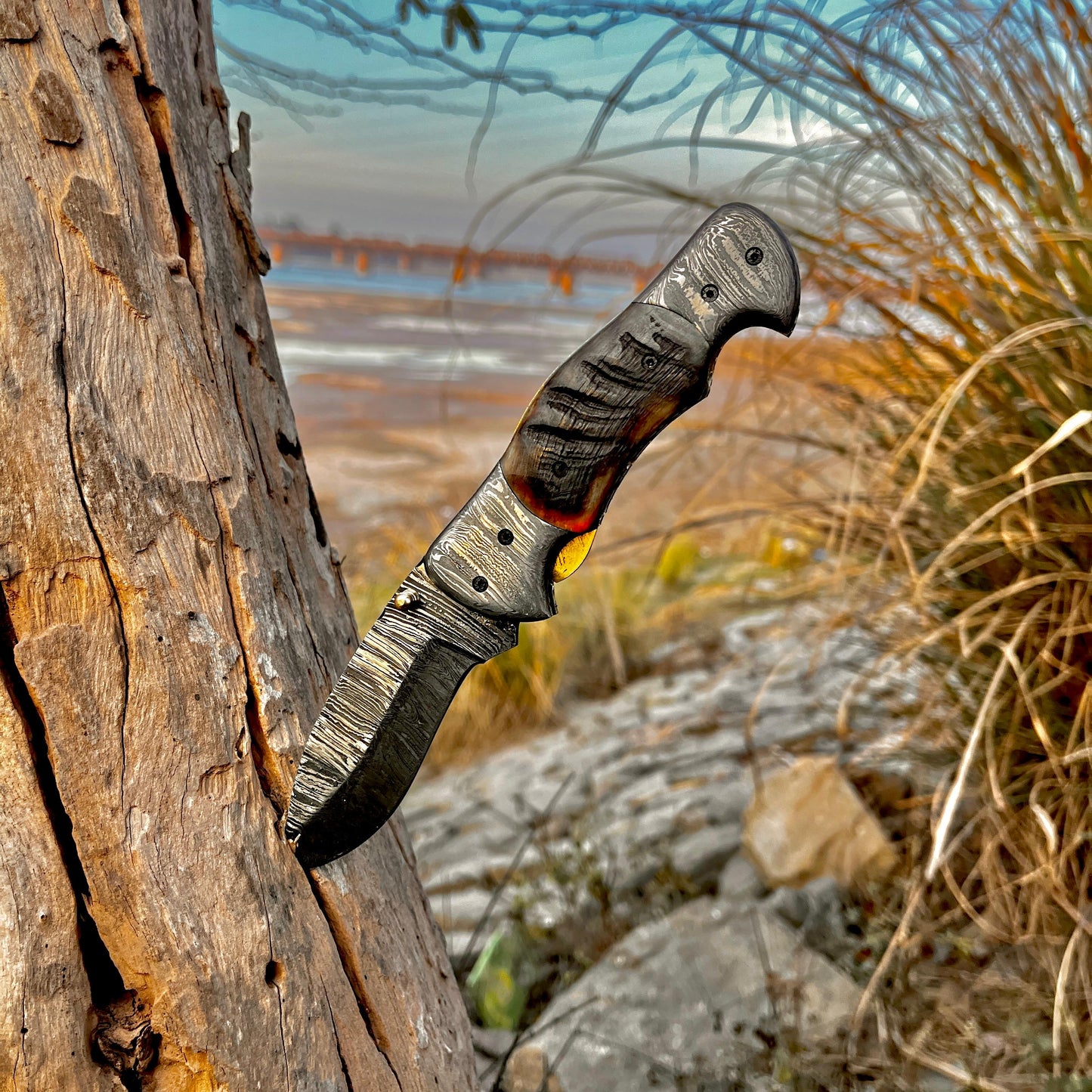 Personalized Damascus Folding Pocket Knife Ram Horn Handle Handmade EDC Knife with Pouch Engraved Anniversary Gift for Him