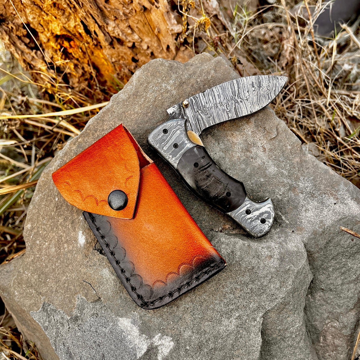 Personalized Damascus Folding Pocket Knife Ram Horn Handle Handmade EDC Knife with Pouch Engraved Anniversary Gift for Him