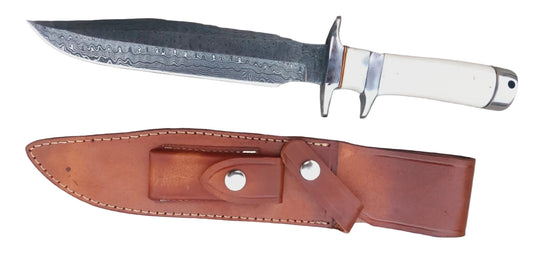 Handmade Damascus steel hunting knife featuring a subhilt guard and natural bone handle for a strong grip. The hand-stitched leather sheath ensures safe carrying and durability. A perfect choice for hunters, campers, or collectors seeking a blend of functionality and craftsmanship.