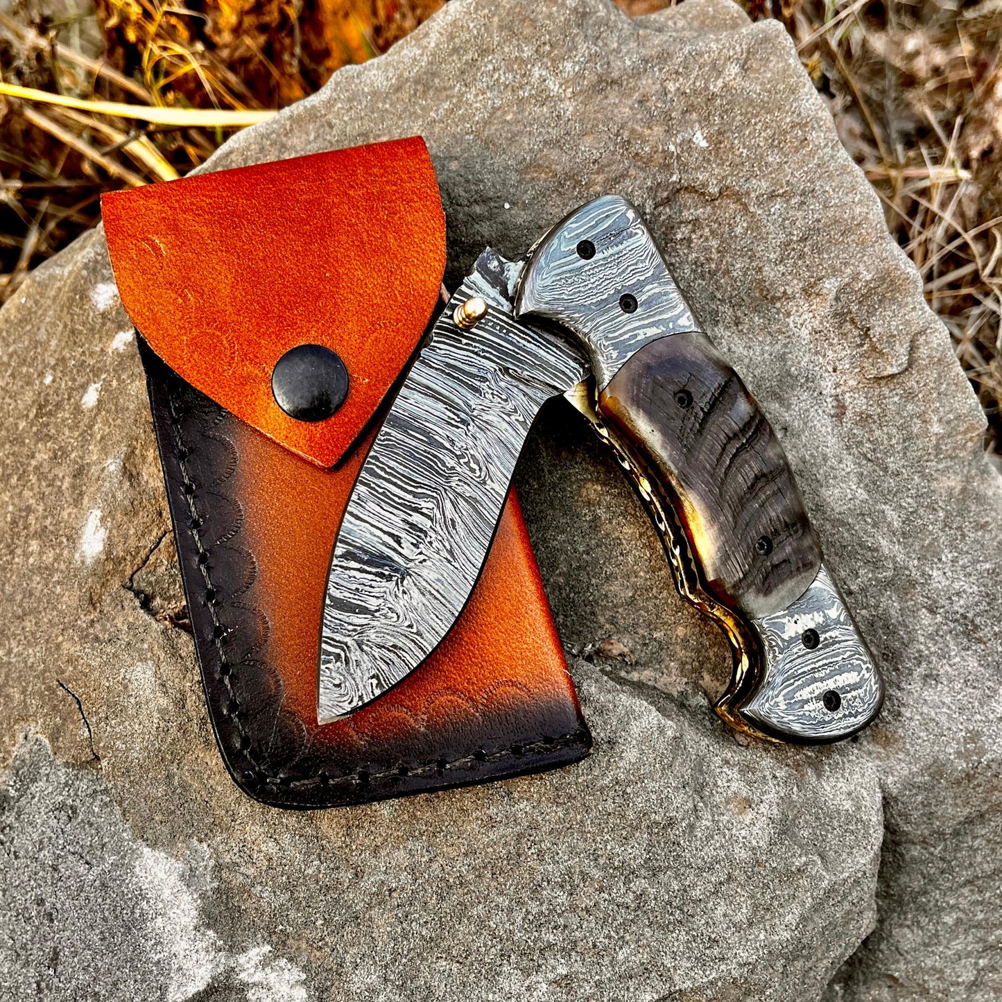 Personalized Damascus Folding Pocket Knife Ram Horn Handle Handmade EDC Knife with Pouch Engraved Anniversary Gift for Him