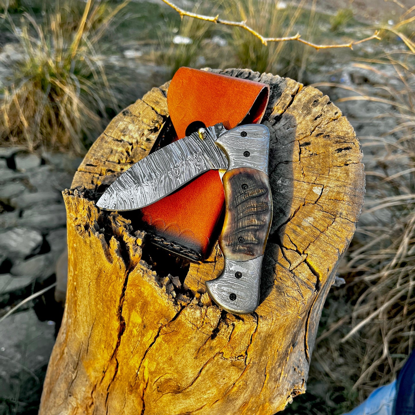 Personalized Damascus Folding Pocket Knife Ram Horn Handle Handmade EDC Knife with Pouch Engraved Anniversary Gift for Him