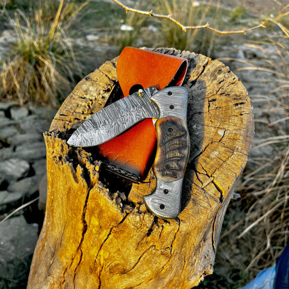 Personalized Damascus Folding Pocket Knife Ram Horn Handle Handmade EDC Knife with Pouch Engraved Anniversary Gift for Him