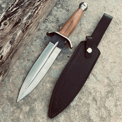 Close-up of 1095 carbon steel dagger showing blade quality and finish.