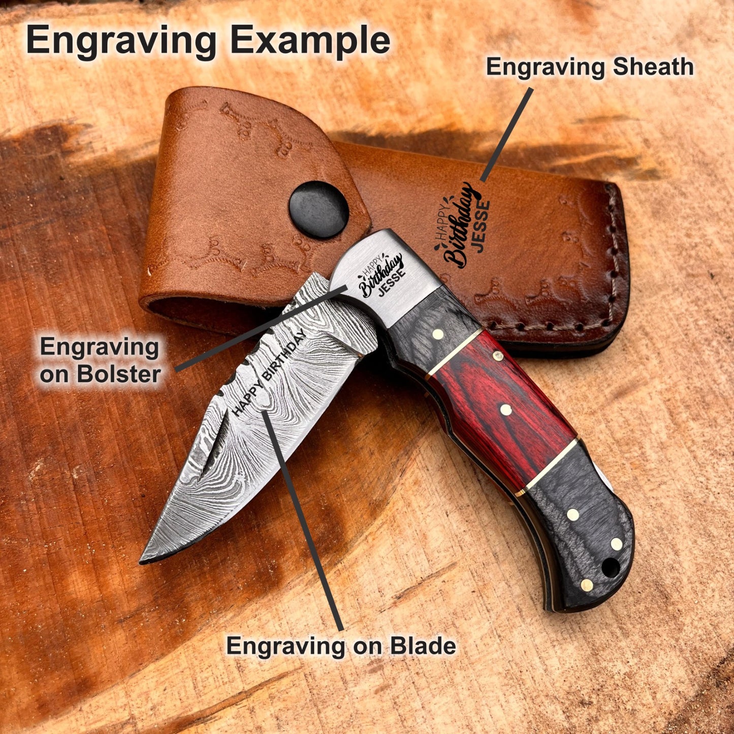 Fish style Damascus pocket knife partially opened showing sharp patterned blade and textured fish handle making it a unique handmade outdoor everyday carry knife.